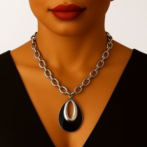 Silver Tone Hoops Design Statement Black Pendant Necklace - Women's Jewelry
